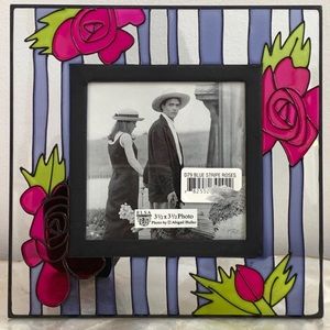 Elsa Blue Striped Pink Rose Glass Photo Frame 3.5”